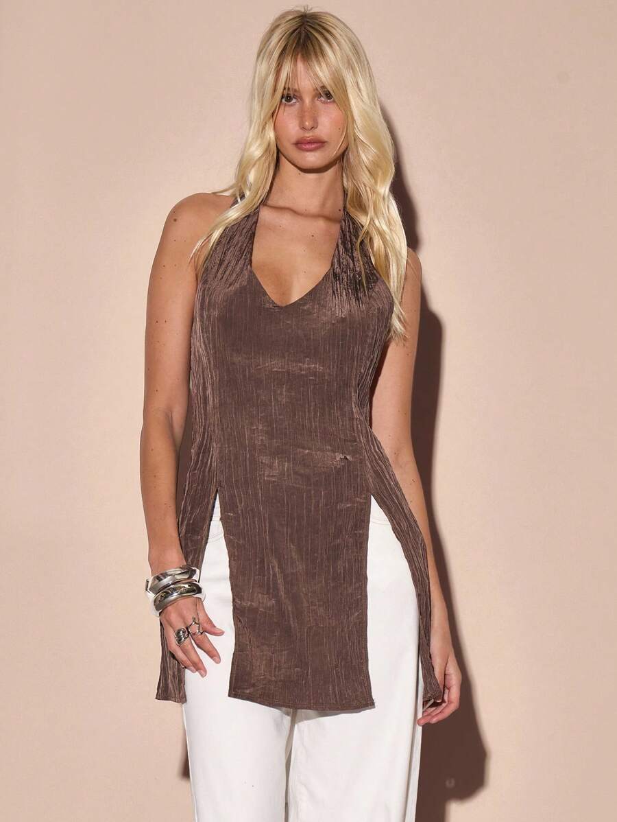 MUSERA توب طويل مجعد رقبة لولبية، تفاصيل الشق، للصيف والعطلات وأسلوب الشارع الجذاب، حفل عيد ميلاد أنيق و غربي