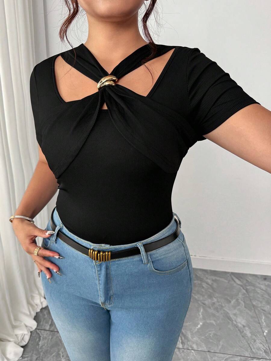 Elenzga Blusa de manga corta con cuello cuadrado para mujer de talla grande, con silueta estilizadora, versátil y de moda para uso diario en primavera/verano - Negro - Ver 1