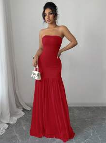Elenzga Women's Elegant Romantic Contrast Lace Empire Waist A-Line Dress - Red - View 3