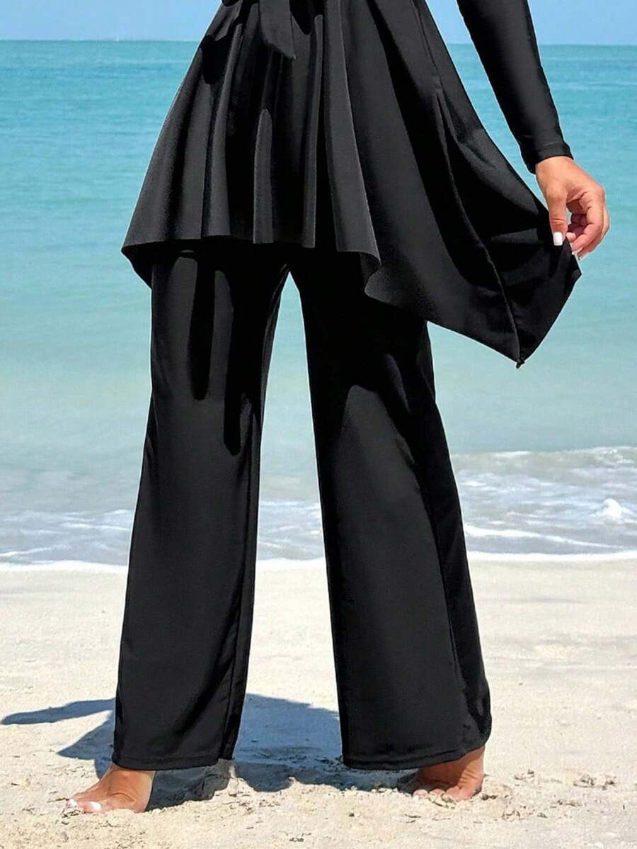 SHEIN Swim Women's New Solid Color Loose Drawstring Waist Long Pants, Conservative Holiday Trousers For Summer Beach Vacation - Black - View 1