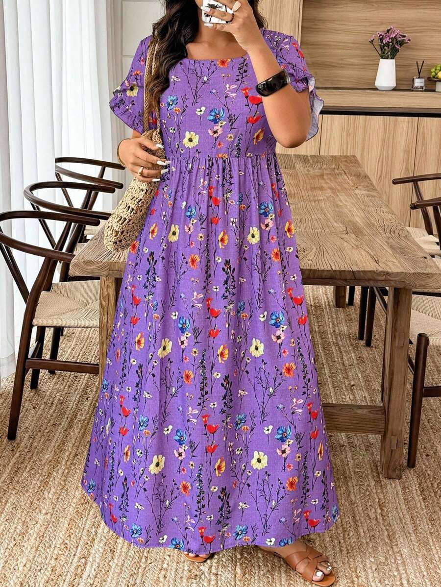Weeklong Casual Vacation Style Random Print Short Sleeve Plus Size Dress - Multicolor - View 1