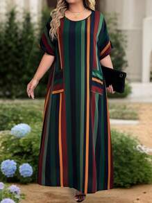 EMERY ROSE Plus Size Women Casual Striped Round Neck Pocket 3/4 Sleeve Dress, Suitable For Vacation - Multicolor - View 3