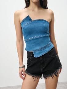 TypaGal Asymmetrical Hem Denim Top, Beach Casual Summer - Blue - View 4