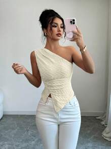 Elenzga Elegante blusa de mujer de color rosa con hombro oblicuo, volantes y dobladillo con abertura, para el verano - Albaricoque - Ver 7