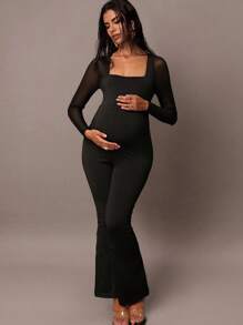 MaterniChic Autumn And Winter Maternity Solid Color Mesh Patchwork Slim Jumpsuit - Black - View 4