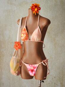 SHEIN ICON Conjunto de bikini de mujer con estampado floral de albaricoque, con detalle de atar en el cuello - Multicolor - Ver 3
