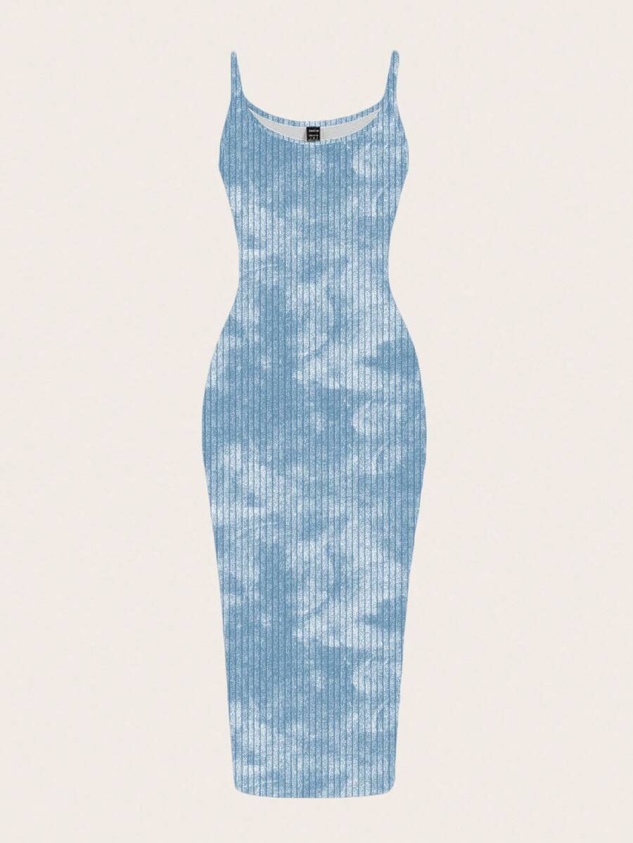 SHEIN EZwear 休闲简约街头风格浅蓝色扎染抽象印花紧身吊带长裙，适合夏季穿着 - 彩色 - 查看 1