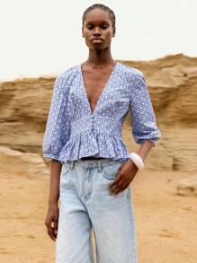 Lumivelle Women's Plaid V-Neck Shirt With Floral Embroidery & Ruffle Hem - Blue - View 3