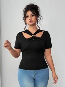 Elenzga Blusa de manga corta con cuello cuadrado para mujer de talla grande, con silueta estilizadora, versátil y de moda para uso diario en primavera/verano - Negro - Ver 4