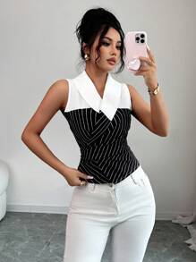 Elenzga Women's Striped Sleeveless Fitted Blouse, Summer - Black - View 4