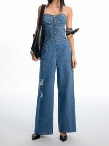 LYSMO 女士时尚纽扣设计口袋吊带牛仔连体裤 - 藍色 - 查看 6