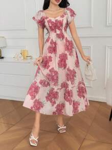 DAZY 女士优雅花卉V领中长连衣裙，夏季 - 粉色 - 查看 4