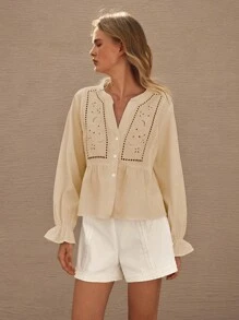 Lumivelle 女士度假休闲纯色镂空刺绣衬衫