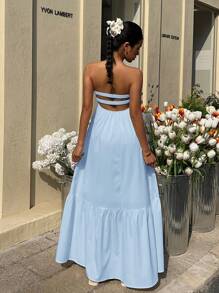 MainGRL 波西米亚风天蓝色长款露背连衣裙，春夏 - 藍色 - 查看 7