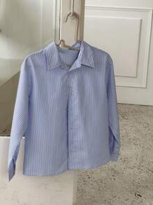 Dazy Kids 青少年男童长袖条纹纽扣翻领衬衫，秋季童装，返校服 - 藍色 - 查看 11