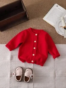 Baby Girls' Casual Solid Color Cardigan,Red Autumn Modest Family Matching Versatile Knitwear Sweater,Newborn Button Front Clothes Fall Winter Outfit - Red - View 1