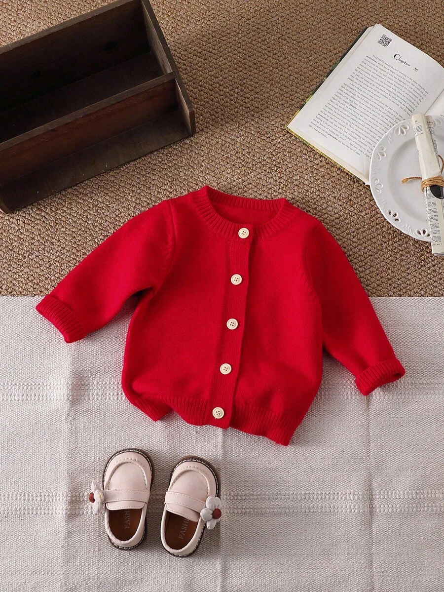 Baby Girls' Casual Solid Color Cardigan,Red Autumn Modest Family Matching Versatile Knitwear Sweater,Newborn Button Front Clothes Fall Winter Outfit - Red - View 1