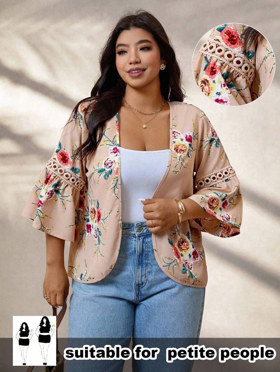 SHEIN PETITE Plus Size Women Lace Patchwork Floral Print Khaki Lightweight Cardigan - Khaki - View 1