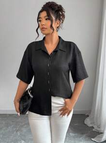 Elenzga Áo sơ mi tay ngắn rộng rãi họa tiết nhẫn đơn giản cỡ lớn, mùa hè - màu đen - Xem 2