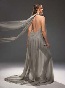 Cheriluna Maternity 孕妇纯色侧开衩下摆露背连衣裙孕妇装拍摄服装 - 深灰色 - 查看 2