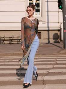 DAZY 扎染开叉下摆网眼上衣（不带胸罩）外出上衣透明秋季服装长袖女式上衣 - 彩色 - 查看 3