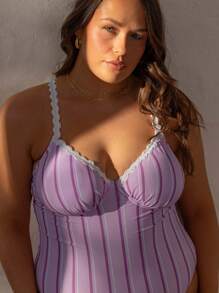 Aralina Maillot de bain une pièce sexy à fines bretelles rayé pour femmes grandes tailles, idéal pour les vacances