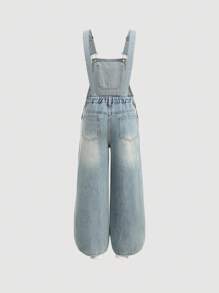SHEIN Girlism Tween Girls Summer Beach Boho Light Washed Slant Pocket Vintage Cut Out Ripped Frayed Design Denim Overall Jumpsuit For Romper Without Tee,Girls Summer Casual Concert Rave Outfits Graduation Outfit,Everyday Wear Fall Winter - Blue - View 2