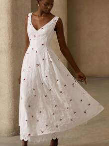 Aveloria Rosie 法式复古优雅高端刺绣V领荷叶边拼布飘逸连衣裙，高端女人味修身款 - 白色 - 查看 5