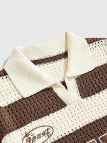 ROMWE MEN Street Life Teen Boy Numeric Embroidery Striped Short Sleeve Casual Knit Top - Coffee Brown - View 3