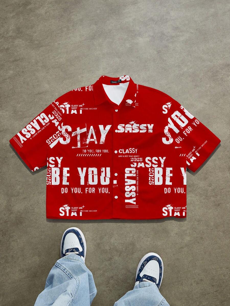 Manfinity Roghcode Men's Loose Cut-Off Text Print Shirt, Couple Matching Style, Suitable For Summer Red Graphic Shirt Men S Cropped Graphic Shirts - Red - View 1