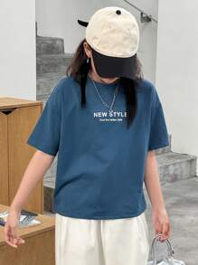 Dazy Kids 夏季新款女孩休闲蓝色短袖T恤，街头风格 - 藍色 - 查看 5