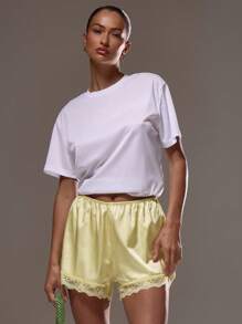 MUSERA 弹力缎面套穿蕾丝边短裤 可爱夏季度假波西米亚风夏季可爱休闲冬季裤 春季