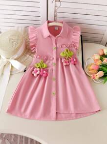 Vestido de verano de estilo campestre para niñas jóvenes con diseño de cuello sin mangas y decoración floral en color rosa - Rosa - Ver 1
