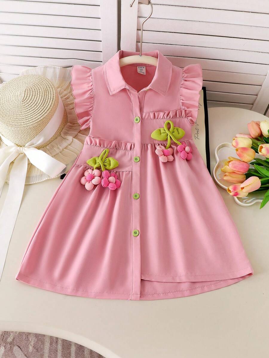 Vestido de verano de estilo campestre para niñas jóvenes con diseño de cuello sin mangas y decoración floral en color rosa - Rosa - Ver 1
