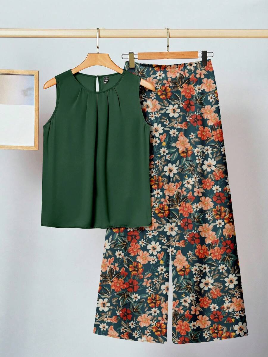 SHEIN Clasi 2 件套休闲简约花卉印花女士套装，适合夏季