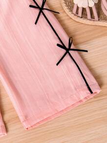 SHEIN Playful Pals Pantaloni lunghi eleganti da bambina in rosa tinta unita con fiocco nero, set estivo