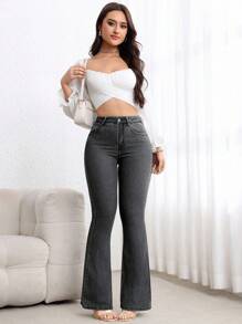 Flexra 女式喇叭休闲牛仔裤，带口袋，百搭 - 淺灰色 - 查看 6