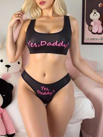 Kawaii Funny Graphic Letter Print Sexy Lingerie Set