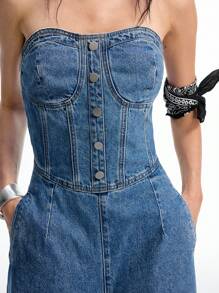 LYSMO 女士时尚纽扣设计口袋吊带牛仔连体裤 - 藍色 - 查看 5