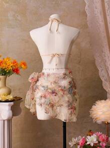 Bellisia Conjunto de maiô feminino Glamour com 3 peças: top triangular, top sem costas com alças finas, saia com babados laterais e laço frontal, biquíni de alta qualidade para festas