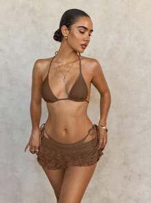 Swim Glamine Bộ bikini liền thân đi biển nghỉ mát kèm váy ren - màu nâu - Xem 1