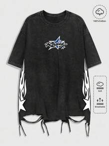 ROMWE MEN Street Life 男士宽松棉质字母星星火焰印花落肩休闲 T 恤，夏季 - 黑色 - 查看 1