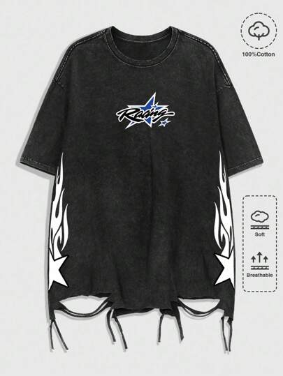 Grunge Punk Men's Loose Fit Cotton Letter & Star Flame Print Drop Shoulder Casual T-Shirt, Summer