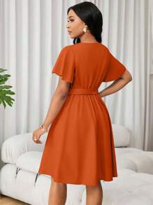 Lunelith SHEIN Lunessa 女式纯色优雅荷叶边袖A字连衣裙，夏季 - 亮橙色 - 查看 2