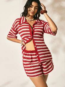 Easelle Bộ 2 áo len cardigan sọc thường ngày cho nữ đi nghỉ mát và quần short - Nhiều màu - Xem 5