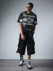 ROMWE MEN Street Life 男士街头风格短袖T恤，带水钻设计、十字架和英文文字印花、深色效果 - 黑色 - 查看 6