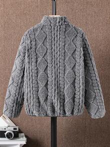 SHEIN Tween Boy 灰色连帽夹克，纹理羊毛面料，拉链开合，休闲百搭，插肩，柔软材质，百搭街头风格，舒适简约，适合户外穿着