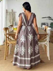 SHEIN LUNE Plus Size Women's White Summer Boho Vacation Holiday V-Neck Drawstring Cinched Waist-Up Ankle Length Casual Resort Printed Woven Dress - Multicolor - View 2