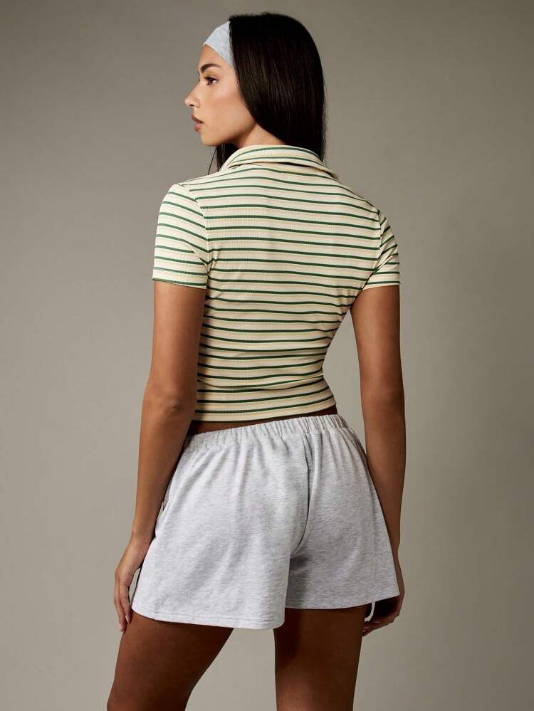 MISSGUIDED Ribbed Polo Crop Fitted Short Sleeve Stripe Collar T-Shirt