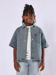 SUMWON Veste en jean style de rue d'été, coupe oversize pour jeunes, chemise boutonnée à manches courtes, logo patineur, tenue de travail pour mode décontractée quotidienne